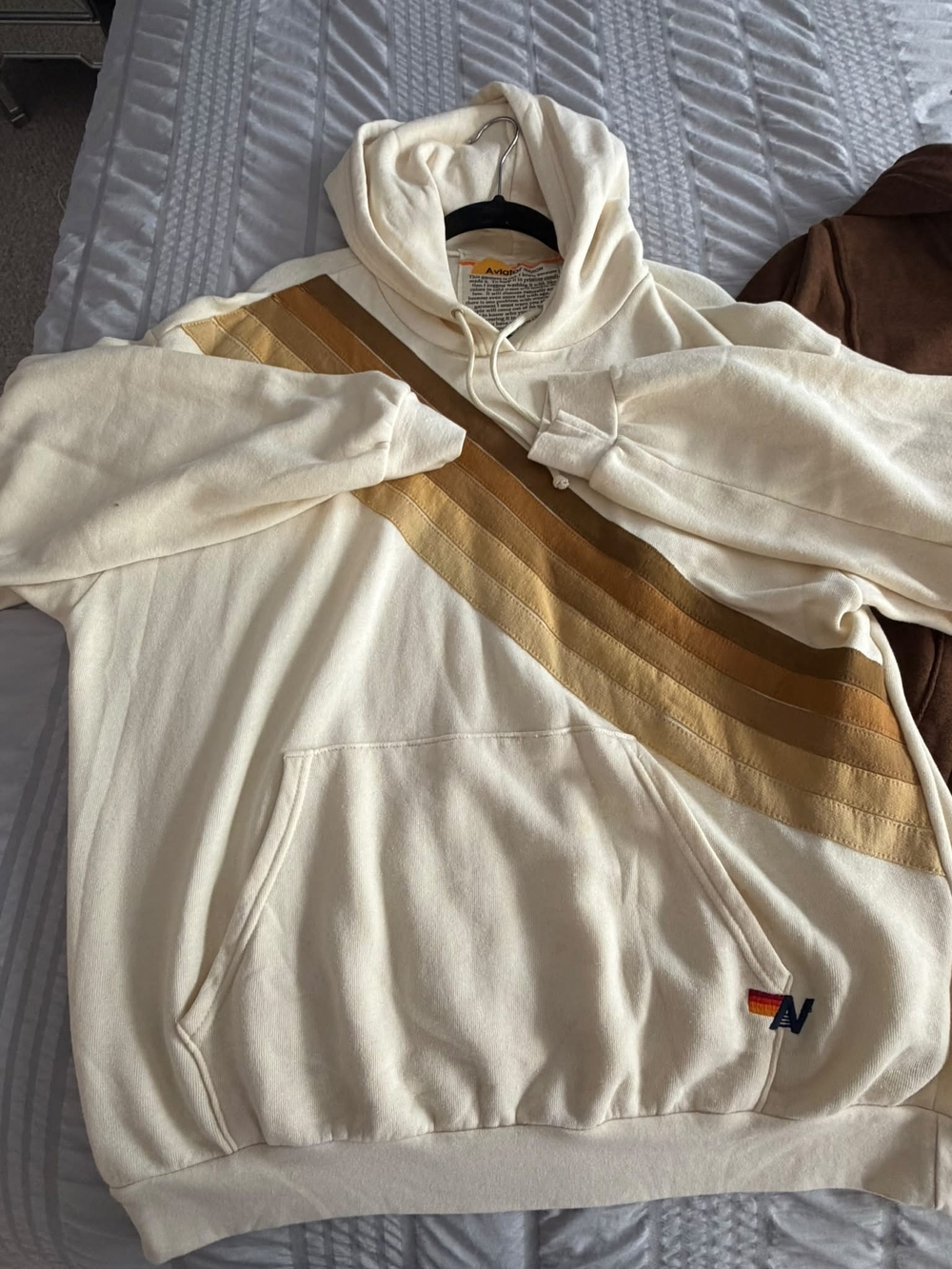 Aviator Nation - Vintage-Inspired Cream Hoodie with Brown Stripe Accents